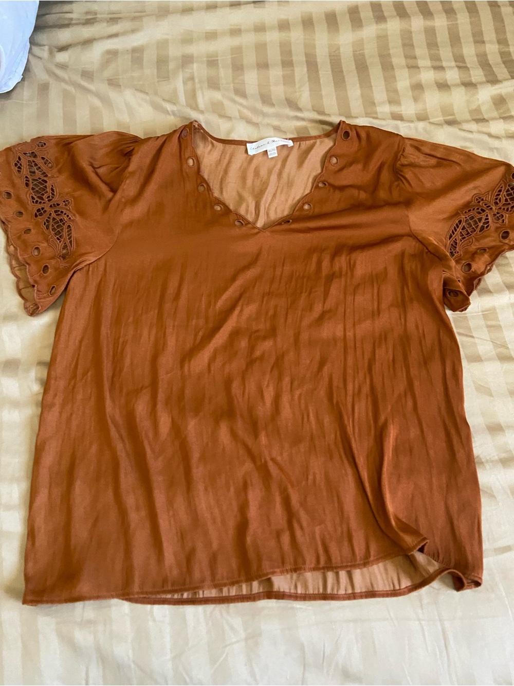 Chelsea & Theodore Burnt Orange Eyelet Sleeve V-Neck Blouse